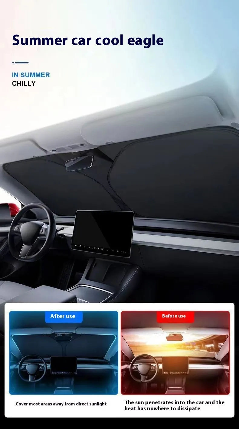 Aluminium foil car windscreen sunshade in titanium silver, shown folded and unfolded.