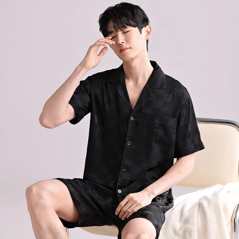 Men's ice silk pajama set with cardigan and shorts in satin jacquard plaid pattern