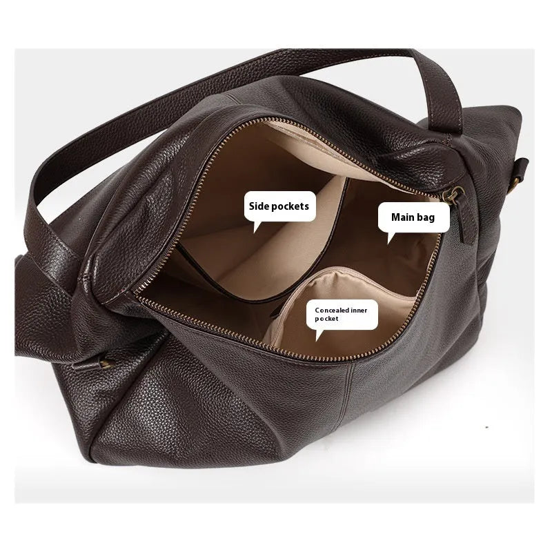 Brown genuine leather women's shoulder bag with horizontal square shape and interior organisation compartments