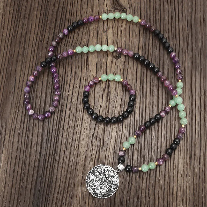 Yoga lotus pendant necklace with stone beads and matching bracelet set