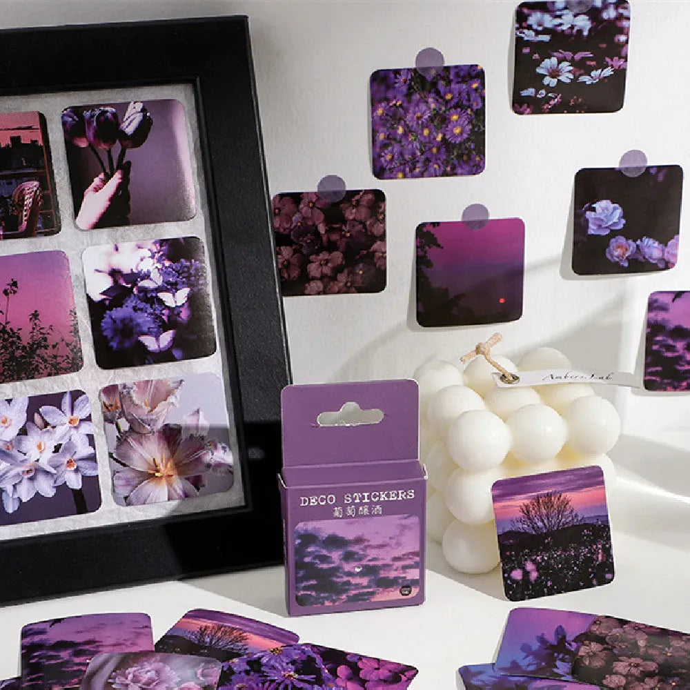 Box of Nordic style decorative stickers showing six colour designs including plant flowers and love letter themes