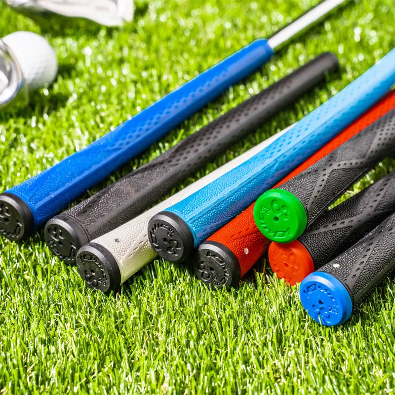 TPE material golf club grip showing colour options including solid colours and black with red, green, or blue accent heads