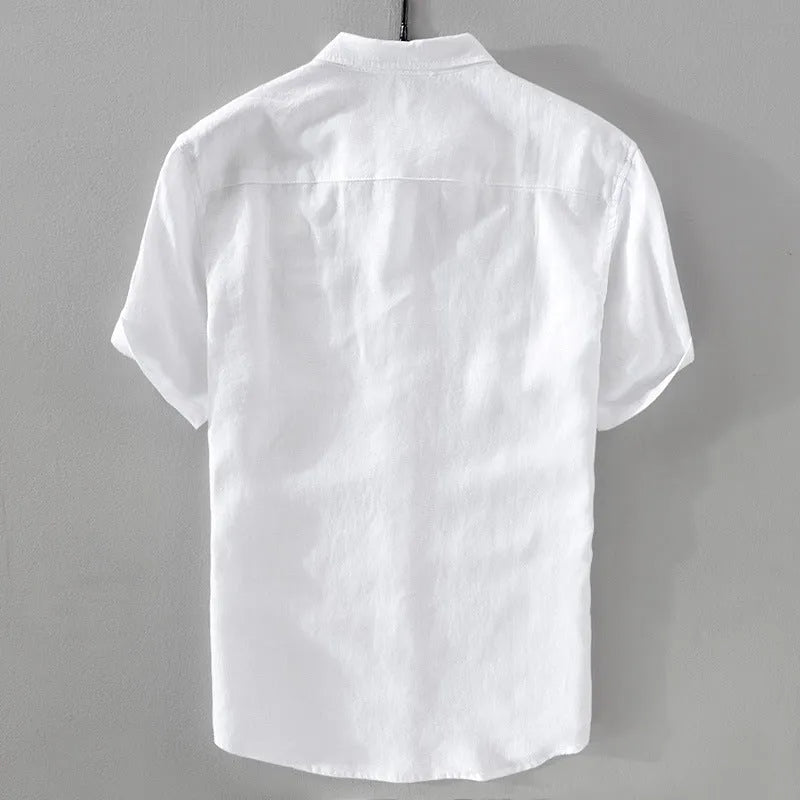 Men's short sleeve linen shirt in loose fit with solid colour options including army green and fluorescent green