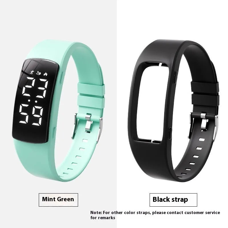 Vibration alarm clock watch with LED display on silicone strap showing multiple colour options
