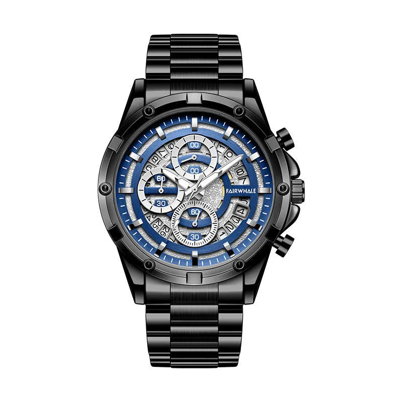 Men's waterproof luminous quartz watch with steel band in black and blue colour option