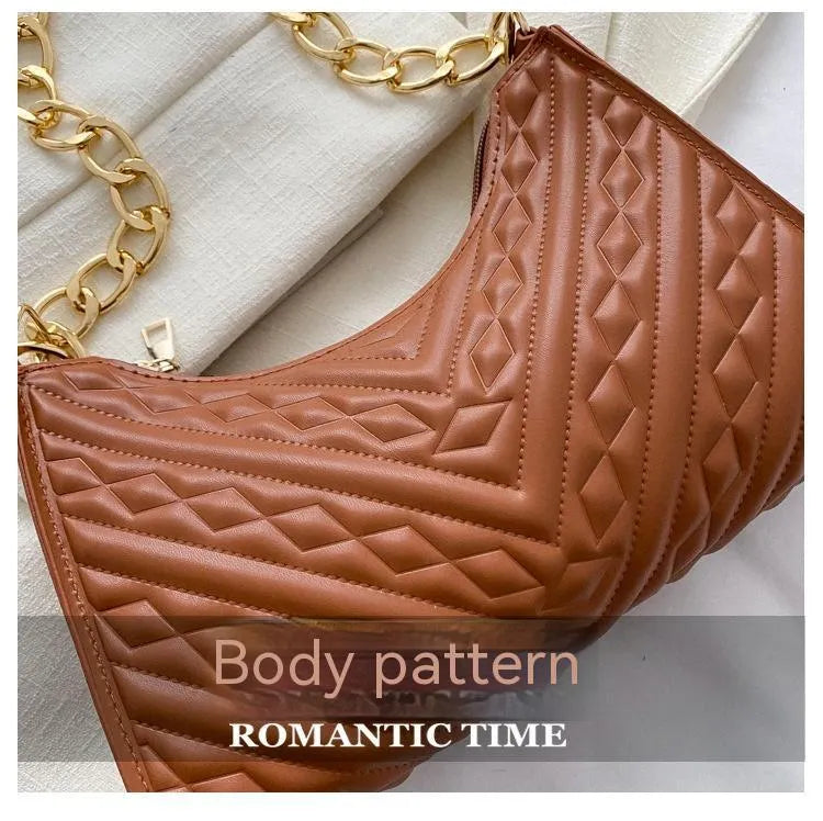 Brown PU leather pleated chain baguette shoulder bag with adjustable strap and soft carry handle