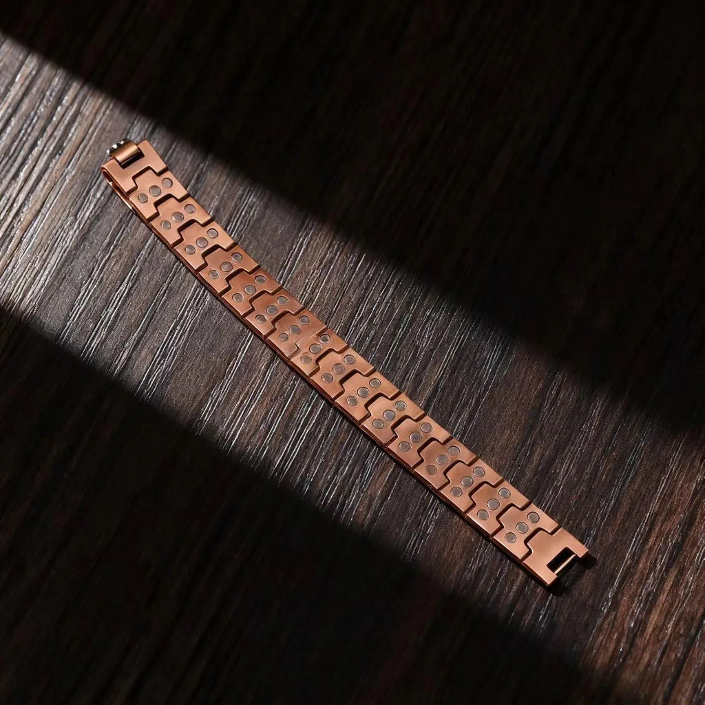 Bronze zinc alloy three-row magnet bracelet with geometric pattern and regulator