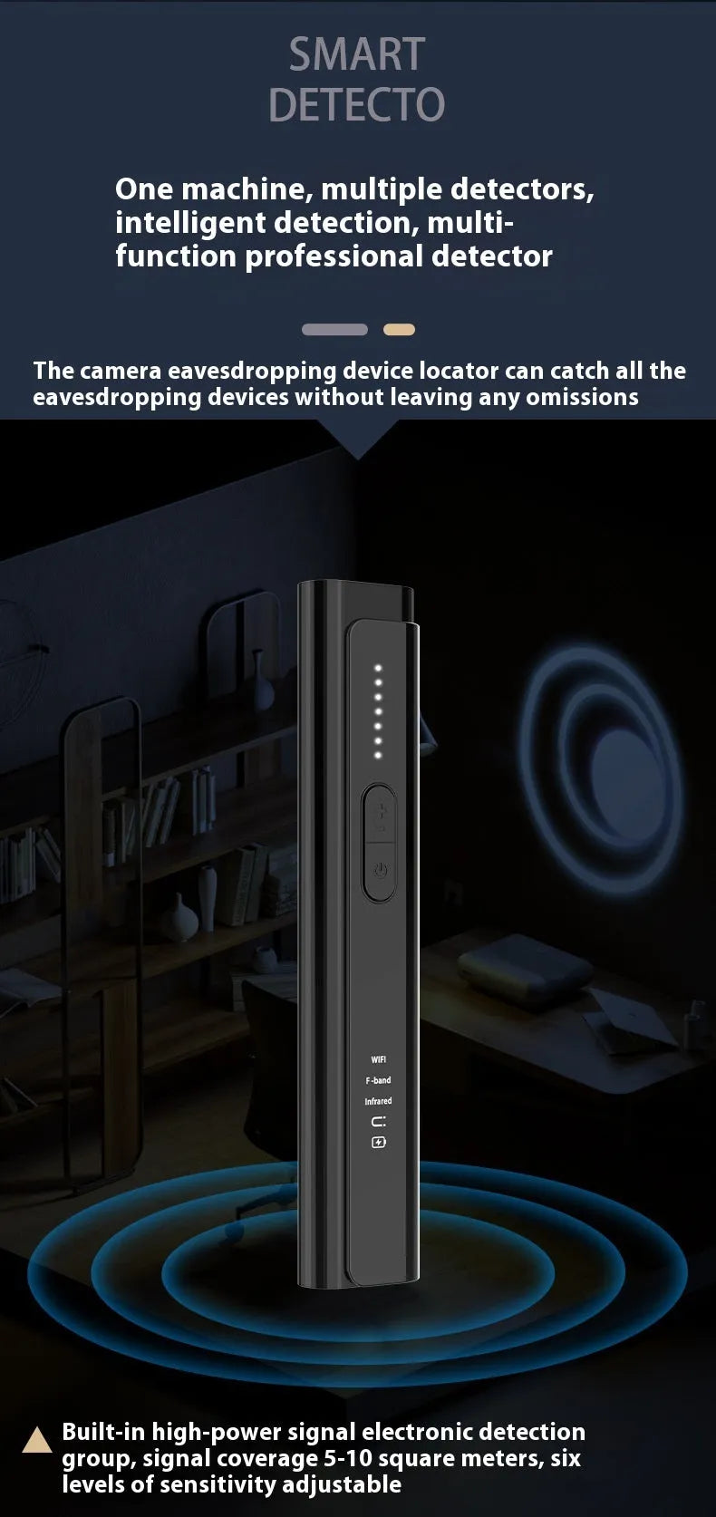 Black or silver plastic Signal Search anti-spy camera detector showing its compact size.
