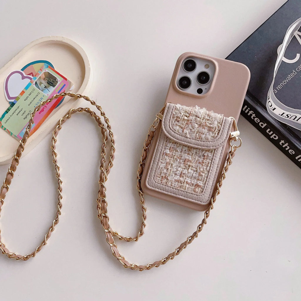 PU leather crossbody phone case with woven chain strap and card holder for iPhone