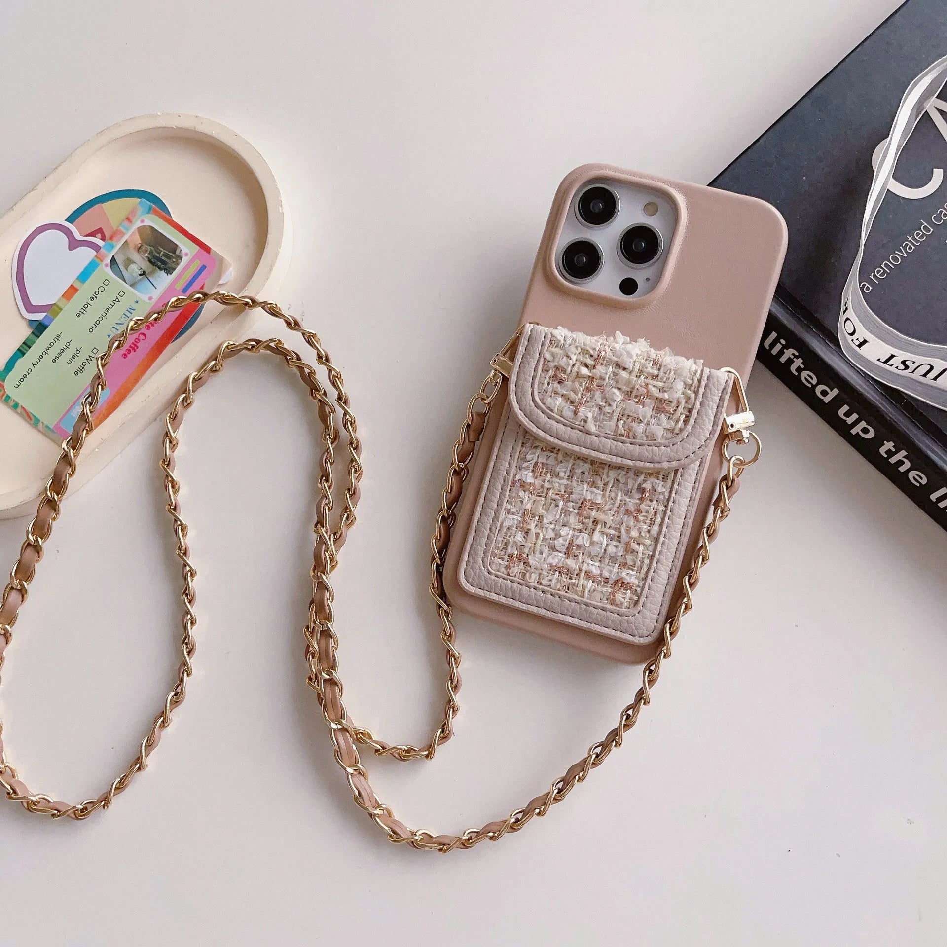 PU leather crossbody phone case with woven chain strap and card holder for iPhone