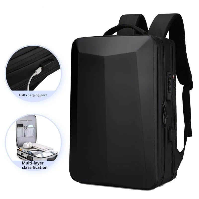 Men's waterproof business backpack in Oxford cloth PC material showing black and silver white colour options
