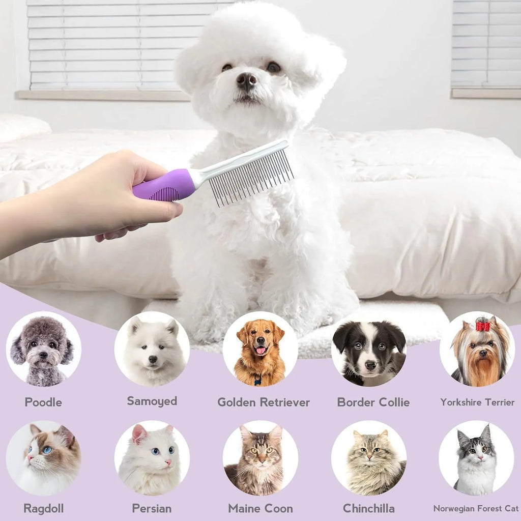 Purple pet grooming comb with stainless steel long and short teeth on a purple ergonomic handle.