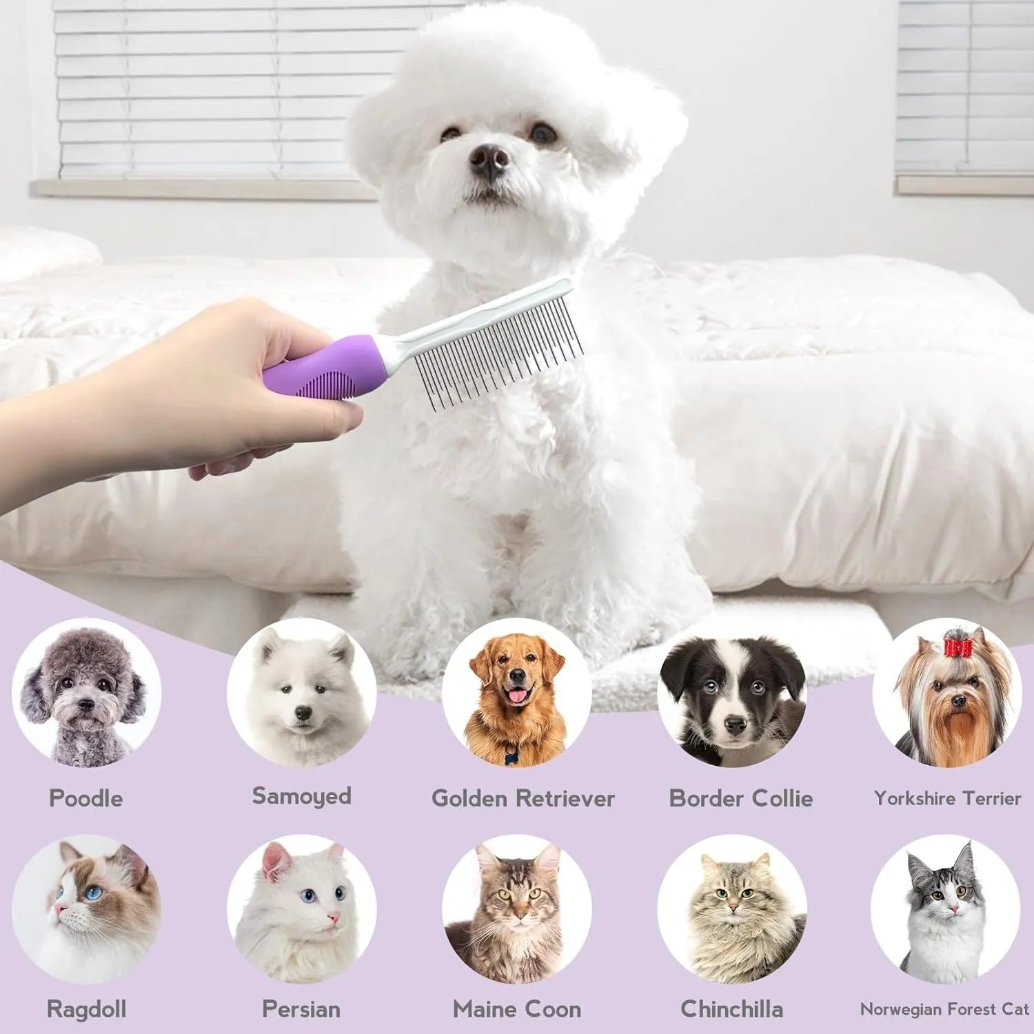 Purple pet grooming comb with stainless steel long and short teeth on a purple ergonomic handle.