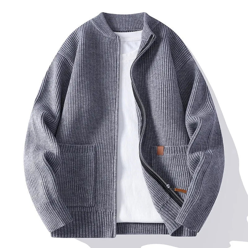 Men's straight cut striped sweater cardigan in a chemical fibre blend fabric, shown in beige colour.