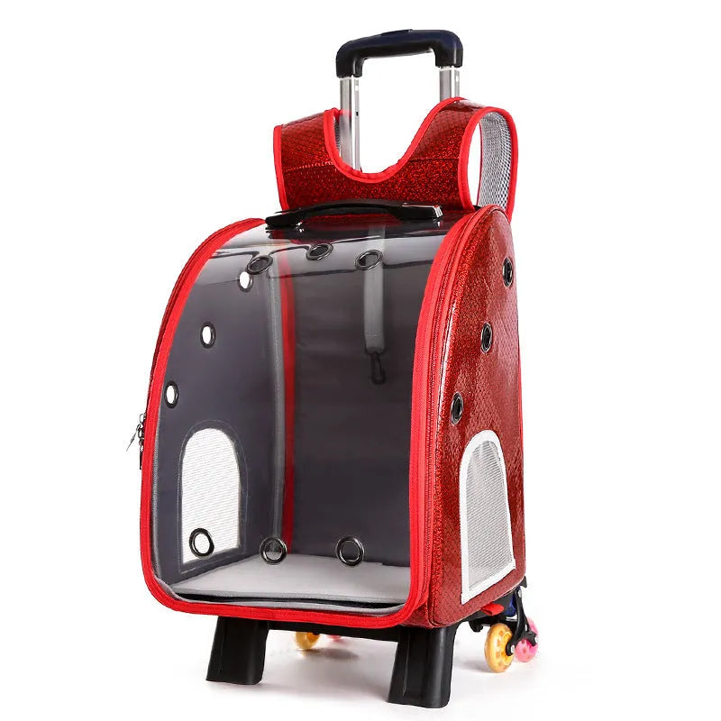 Transparent pet trolley bag for small dogs with foldable shoulder design and Oxford cloth construction