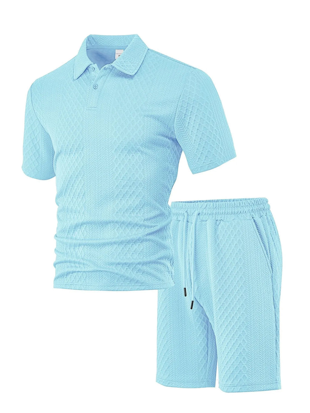 Men's patterned cloth casual suit comprising a short sleeve polo shirt and trousers on a hanger.