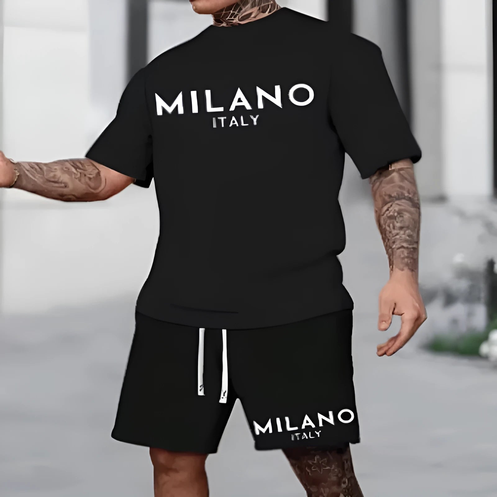 Round neck short sleeve polyester suit set with matching shorts in five colour options