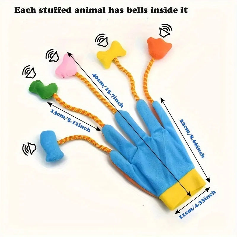 Yellow blue plush cat toy with bell and magic glove design measuring 40cm