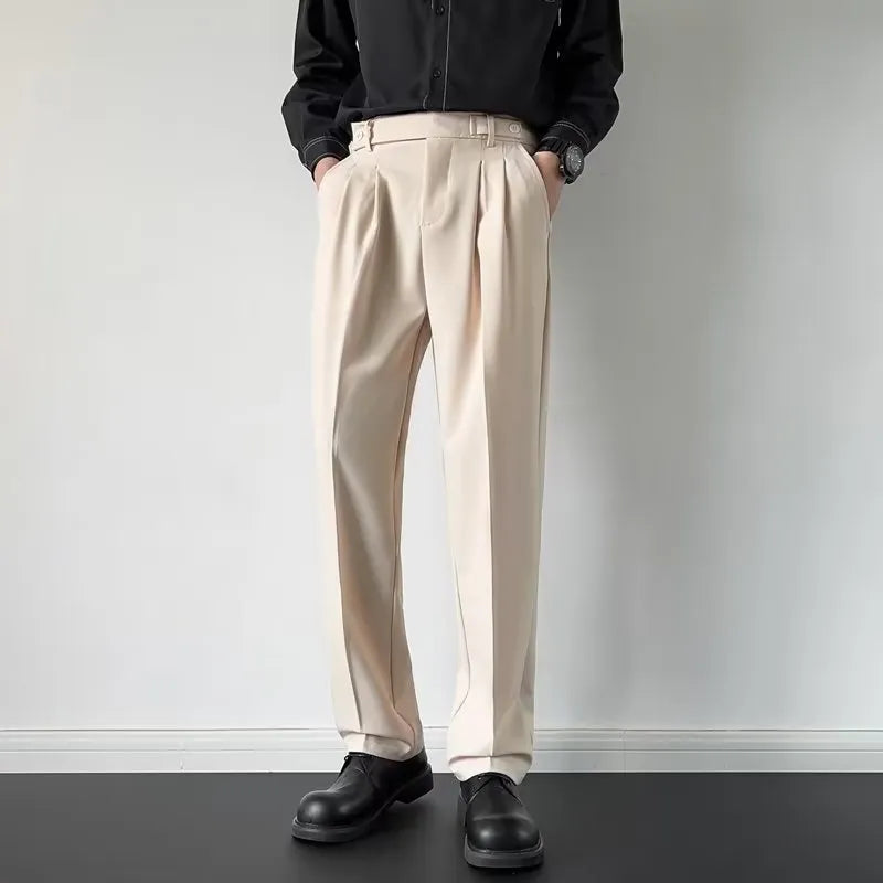 Men's straight loose fit suit trousers in apricot and black colours with polyester fabric