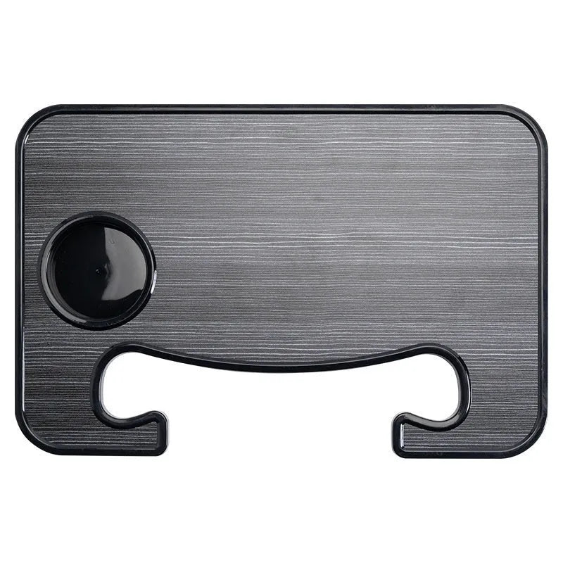 Black foldable car steering wheel tray with laptop and drink cup holder deployed