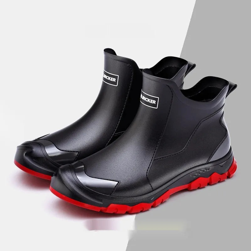 PVC short tube outdoor wading shoes with non-slip soles in black and red colour option
