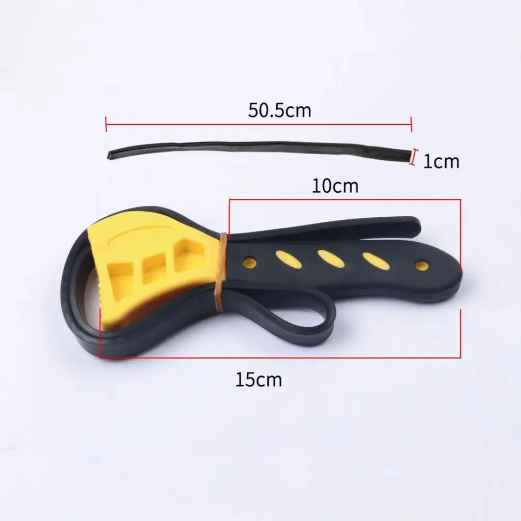 Two adjustable rubber strap wrenches, sizes 6 inch and 8 inch, with plastic handles and phosphated metal parts.