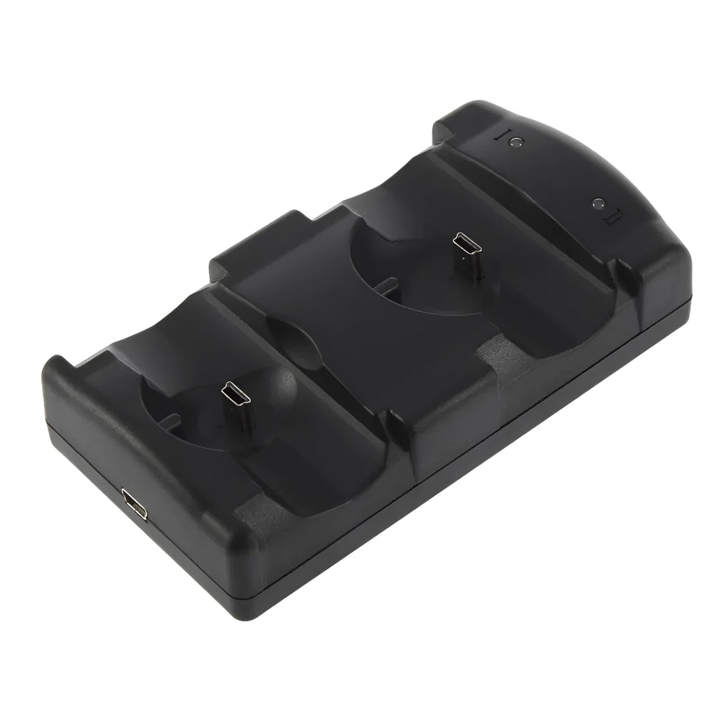 Black plastic PS3 two-in-one dual charger base with USB interface for wireless controllers