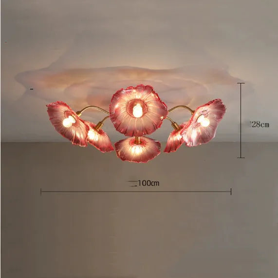 White and purple flower ceiling lamp with multiple heads and three light colour options