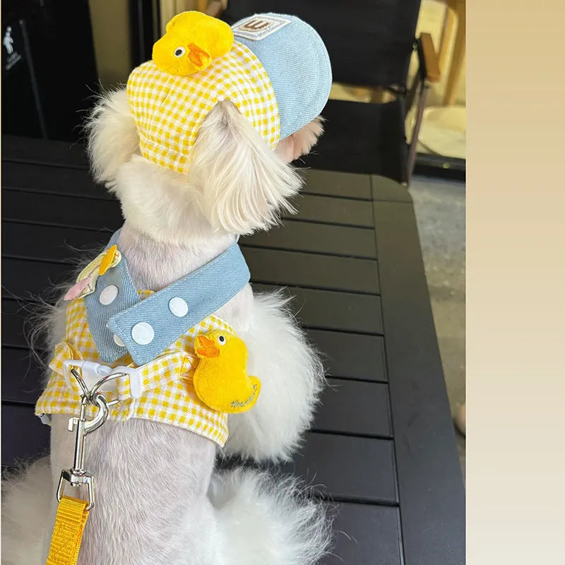 Pet harness and leash set with wire rope pulling section, three-piece cat clothes, and hat accessory