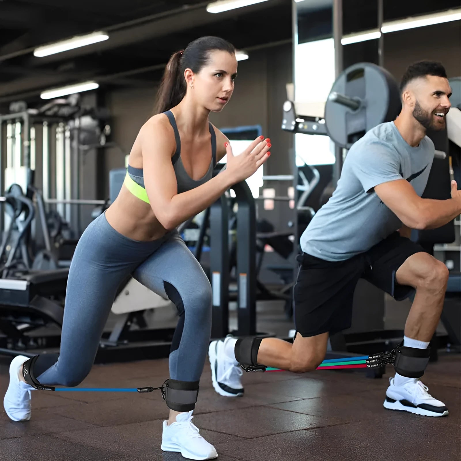 TPE resistance band set with three tension levels and foot loops for hip and leg exercises
