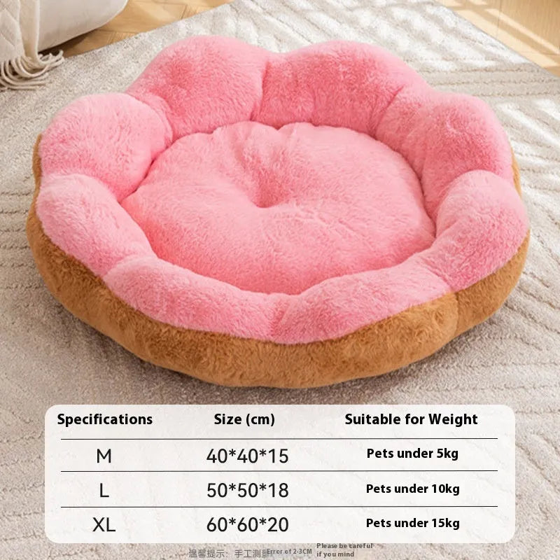 Round thick rabbit plush cat bed with removable cover in yellow brown, shown in L size.