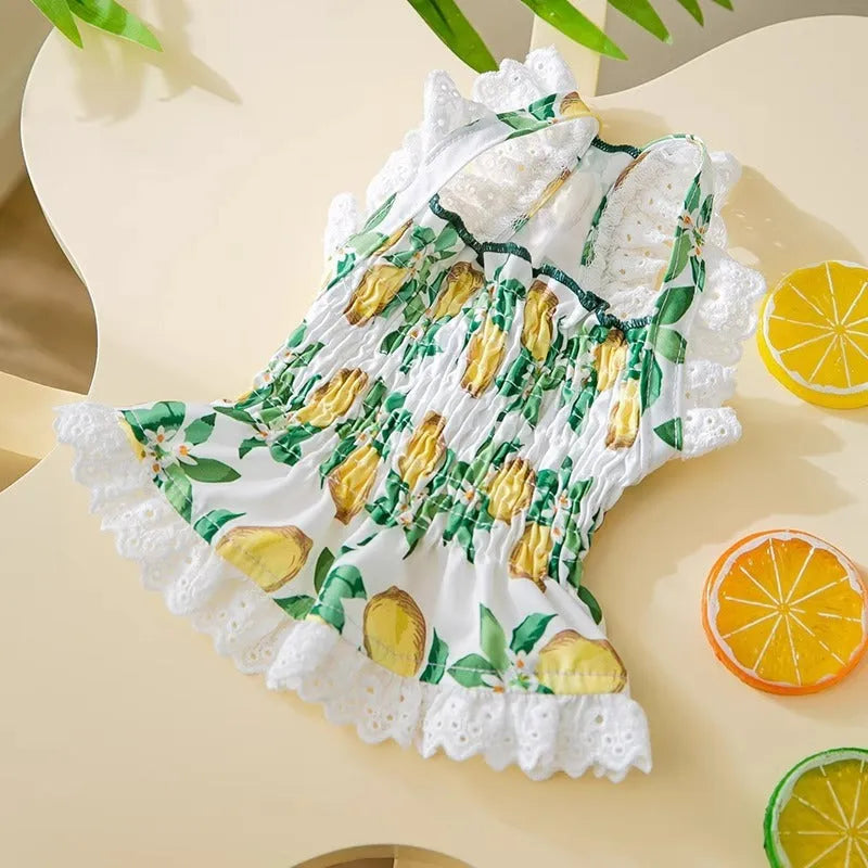 Rock yellow lemon polyester dog skirt dress on mannequin showing strap and princess design