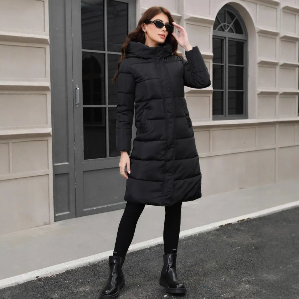 Black hooded slim fit cotton jacket with long sleeves and cold-resistant thickened polyester construction