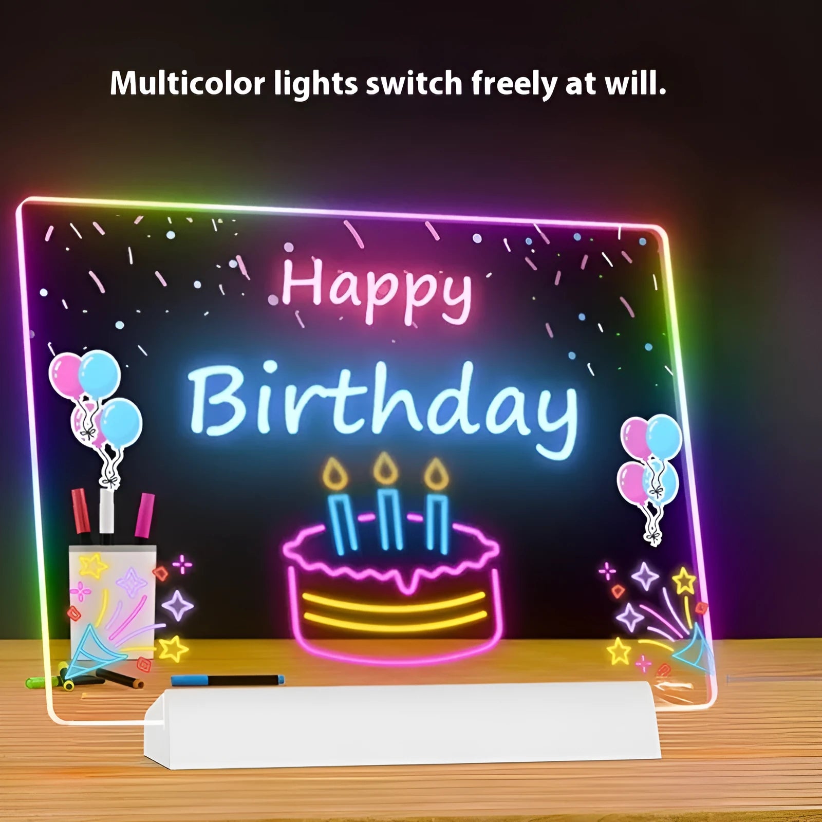 ABS acrylic RGB luminous message board with stand, crayons, and cleaning cloth on desk