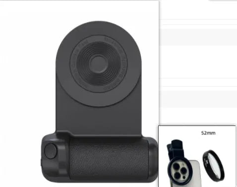 Black magnetic phone holder with ergonomic camera-style grip showing rotatable stand function