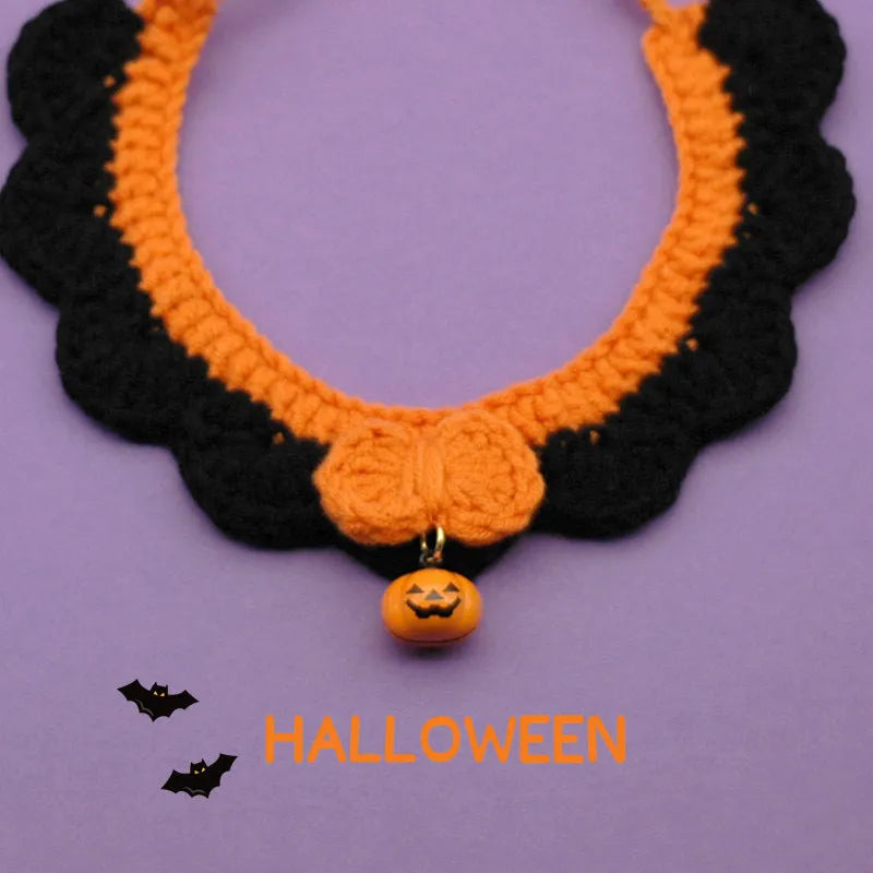 Hand crocheted Halloween pet collar in wool with adjustable sizing for dogs and cats