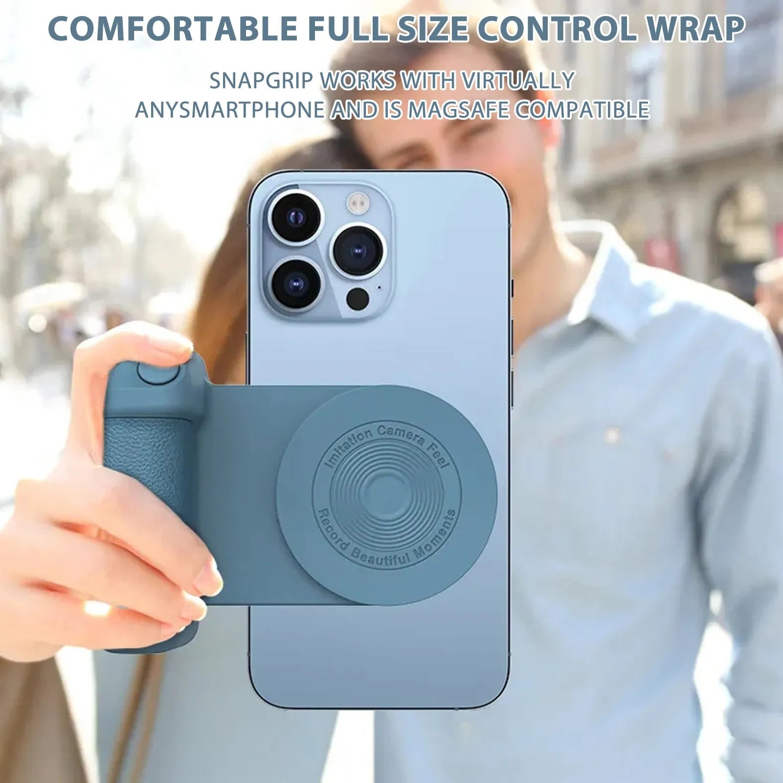 Black magnetic phone holder with ergonomic camera-style grip showing rotatable stand function