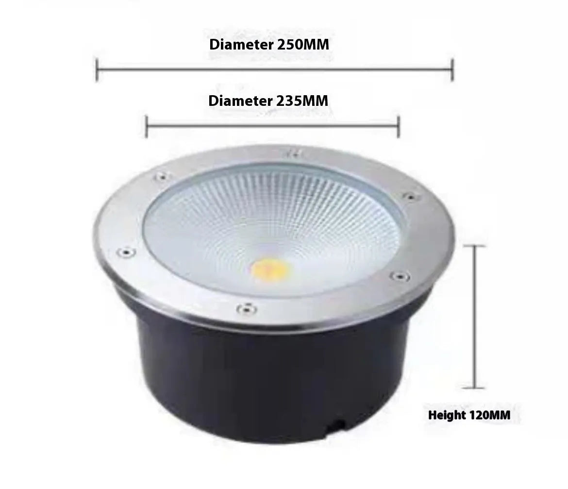 Black round LED COB underground light for outdoor garden and pathway illumination.