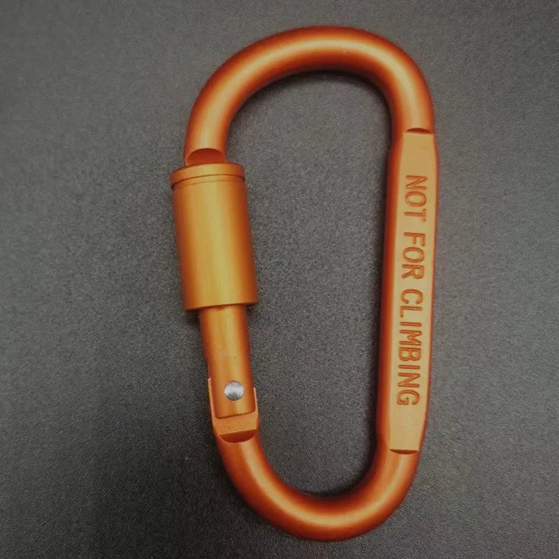 Aluminium D-type locking carabiner showing 8cm flat measurement in various colour options