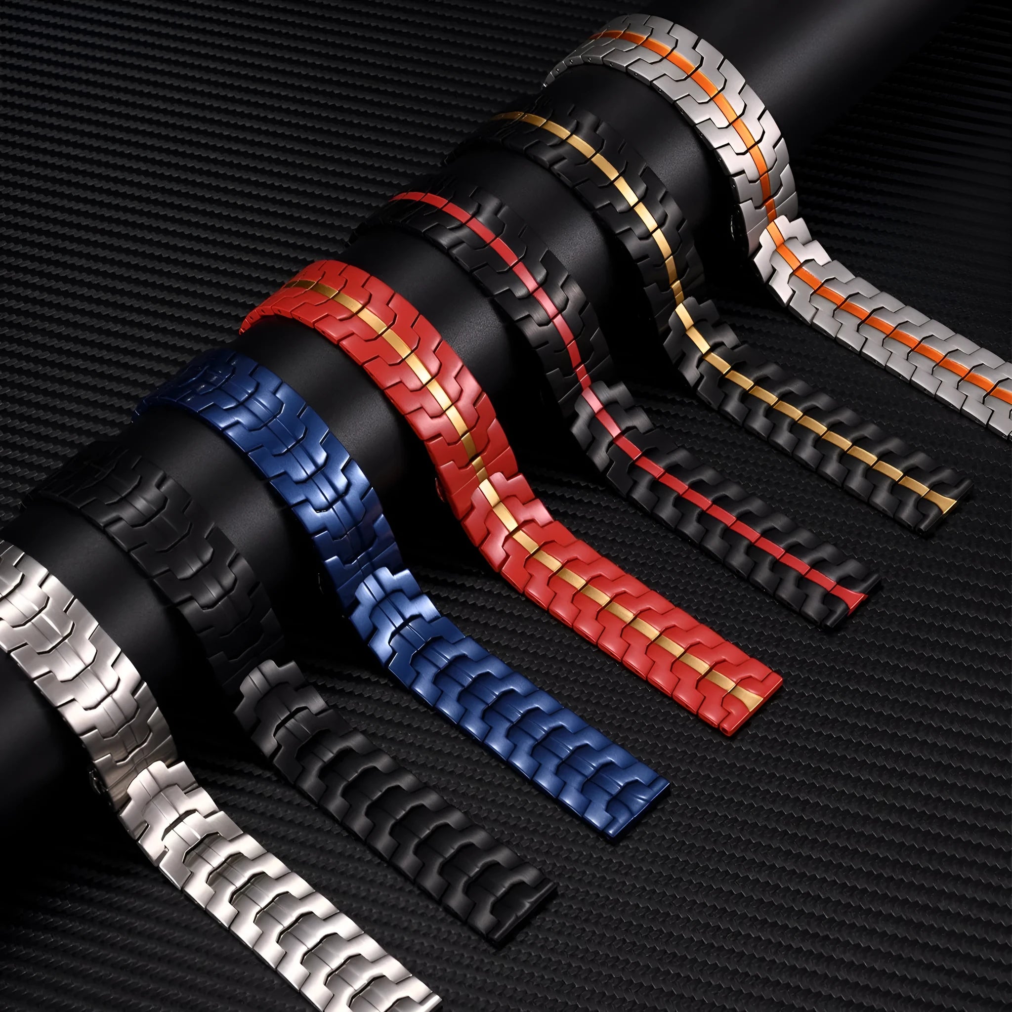 Stainless steel watch strap for Samsung Galaxy Watch in silver and black colours, showing 20mm and 22mm size options.