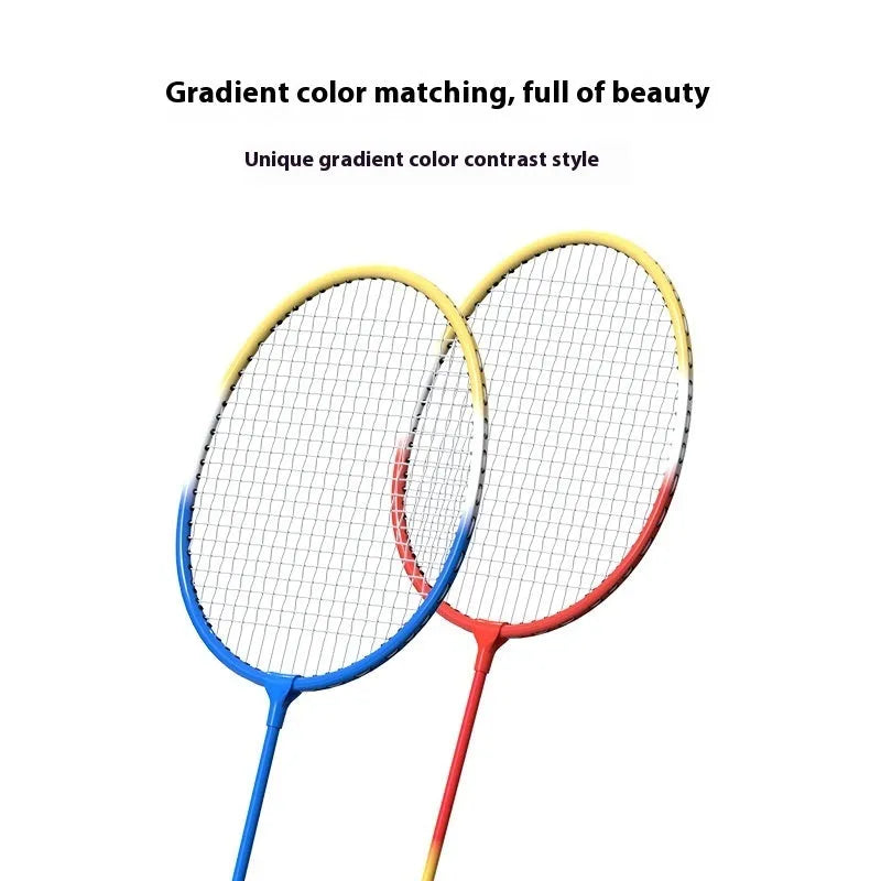 Blue and red alloy badminton rackets with split design showing separated and assembled states