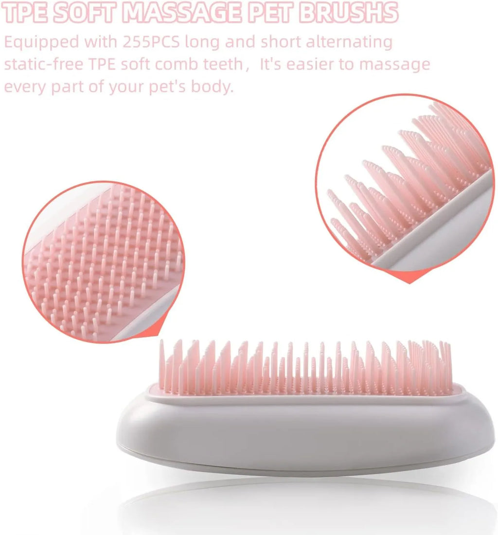 Pink handheld electric pet grooming massage brush with TPE teeth on a white background.