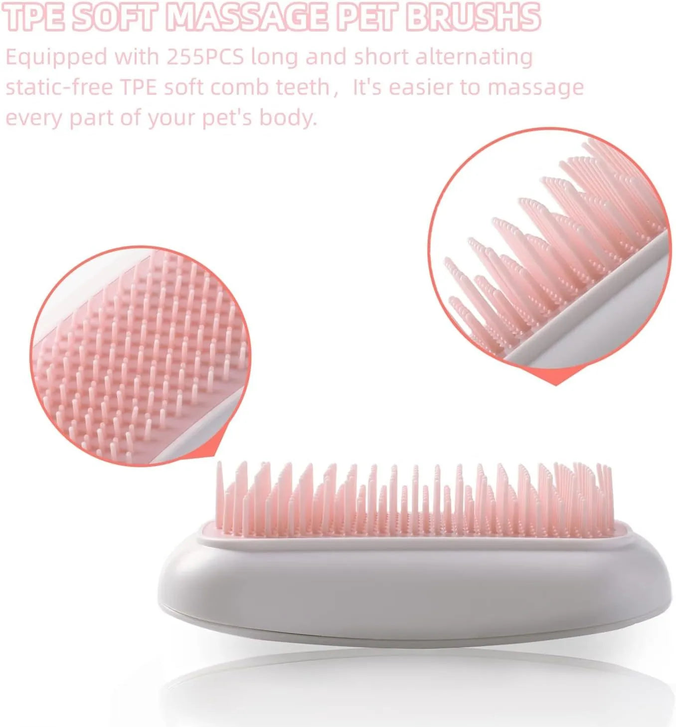 Pink handheld electric pet grooming massage brush with TPE teeth on a white background.