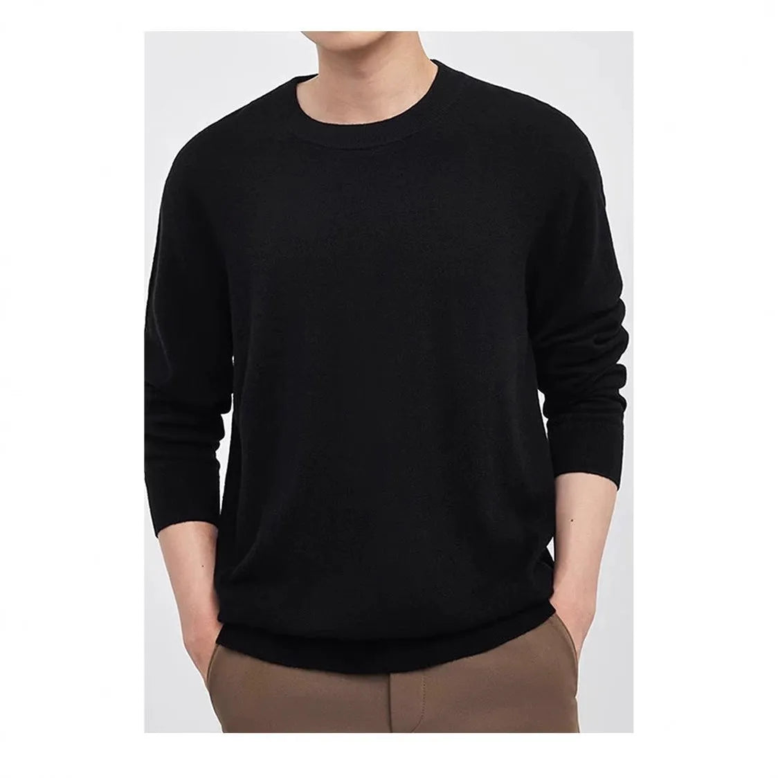 Men's regular fit wool pullover sweater in light camel colour, showing long sleeves and classic knit texture.