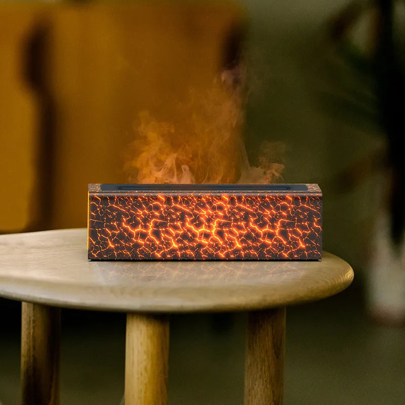 Square desktop humidifier with colourful lava lamp flame lighting effect and mist output