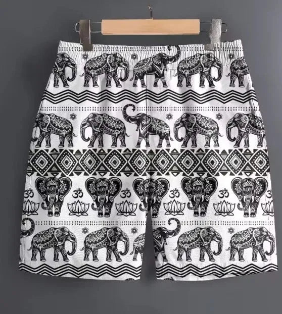 Men's casual polyester sports shorts in a camouflage print pattern, laid flat.