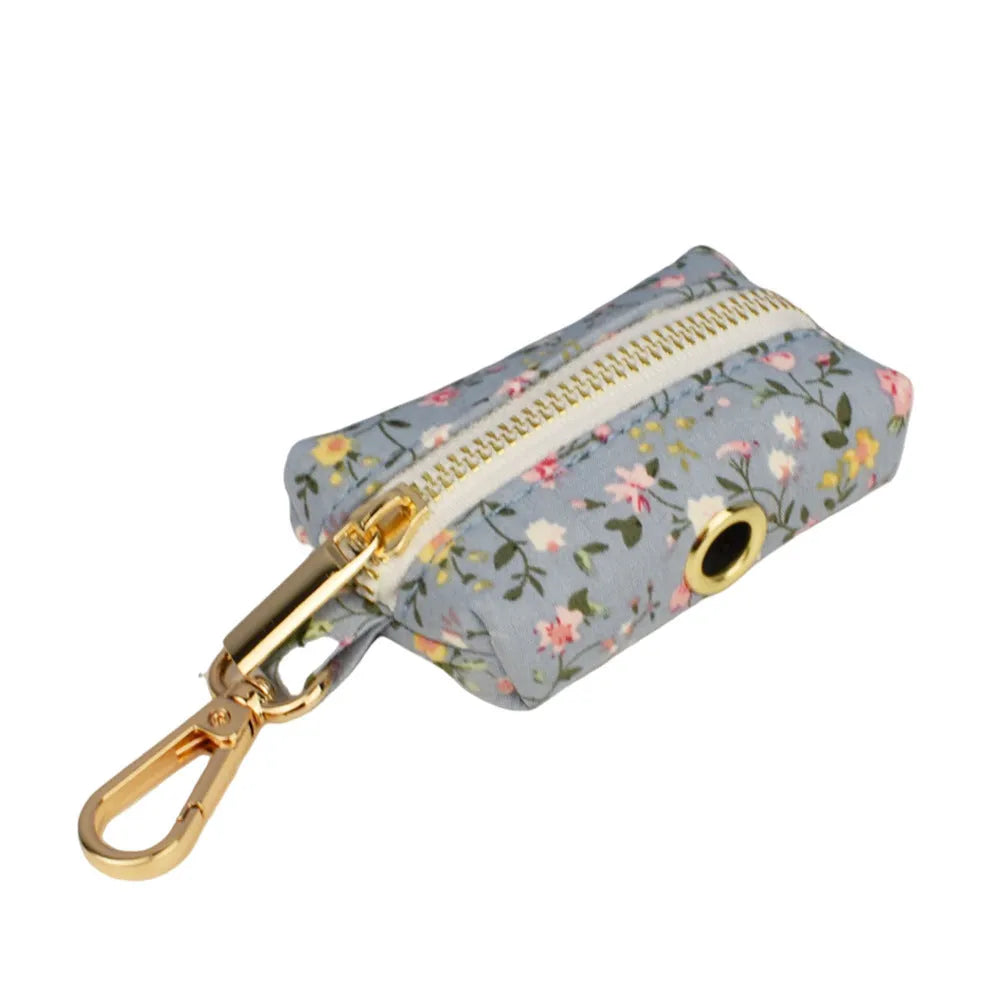 Blue floral polyester cotton dog collar set with matching leash, bow tie and vest accessories