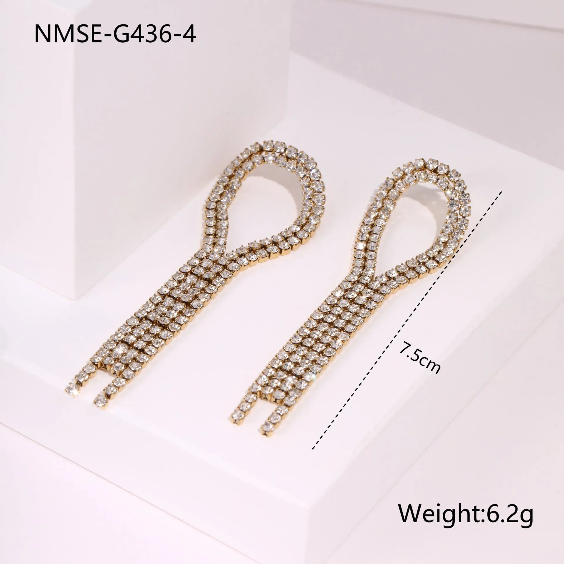 Stainless steel earrings with love heart and star geometric designs featuring diamond tassel drops and 18K electroplated finish