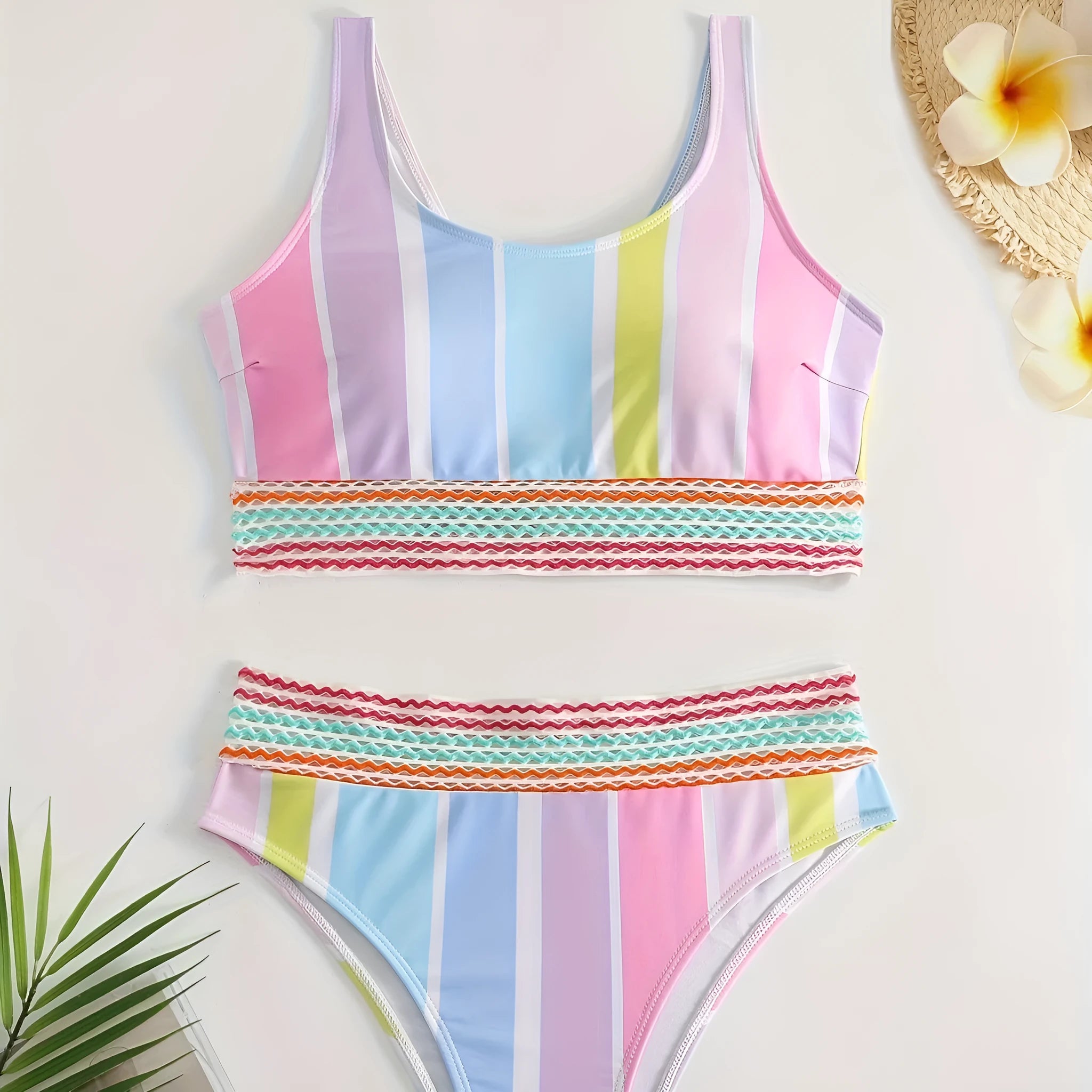 Women's striped bikini swimwear set for swimming sports with briefs style