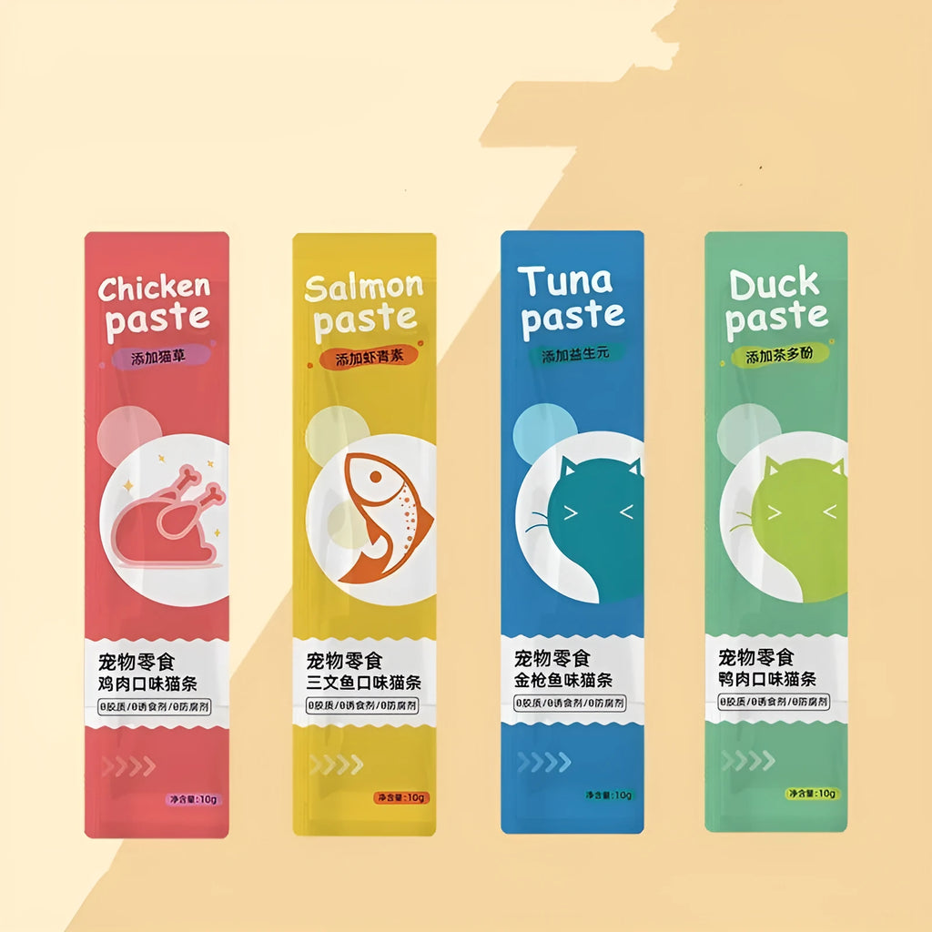 Pack of cat strip snacks showing four flavour varieties for adult cats